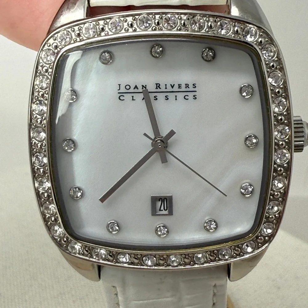 Joan Rivers Classics Watch WORKS White Leather Rhinestone Bezel‎ Date Quartz
